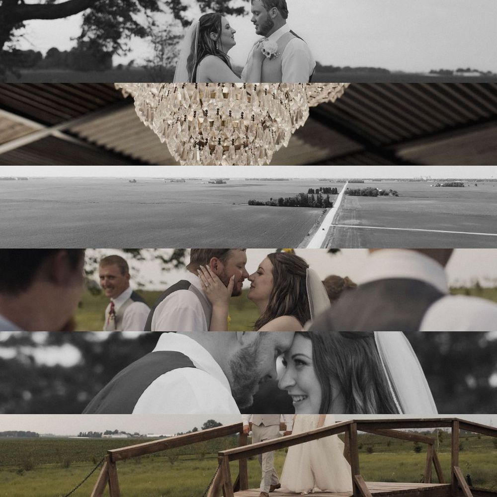 A romantic countryside wedding collage showing intimate moments and outdoor venue details during a rustic celebration.
