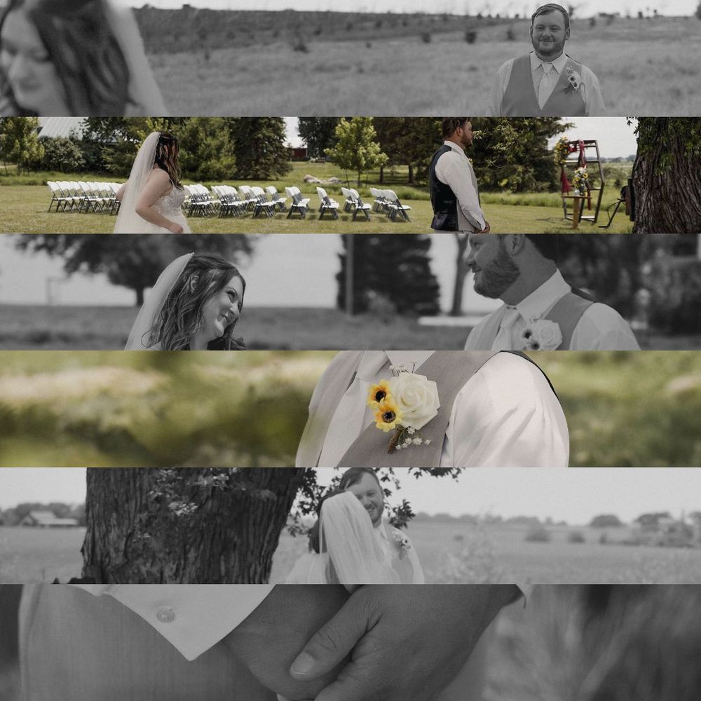 Artistic black and white wedding photo collage showing outdoor ceremony moments and intimate details with scattered flowers.