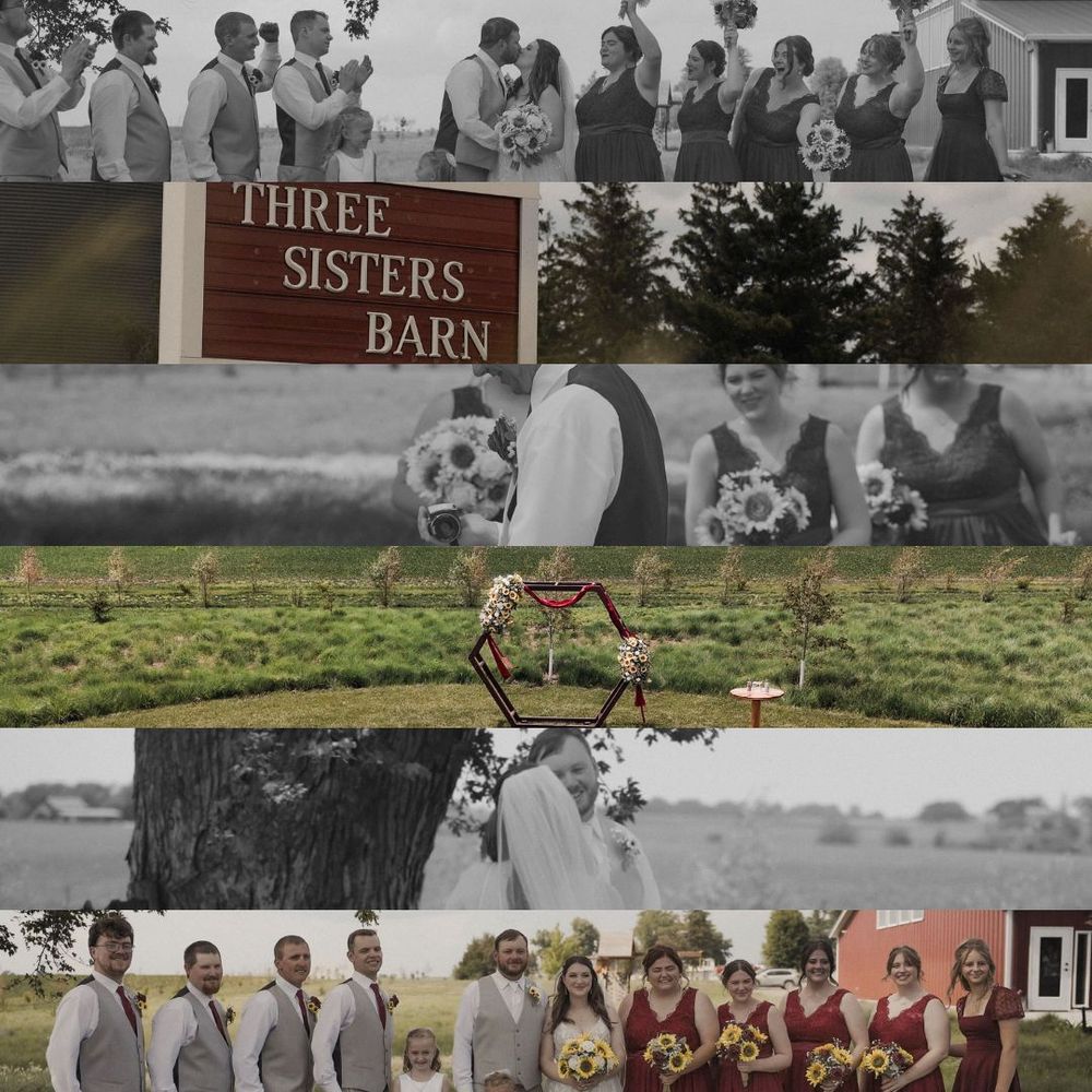 Wedding photo collage featuring rustic barn venue with Three Sisters Barn sign and outdoor ceremony moments captured in nature.