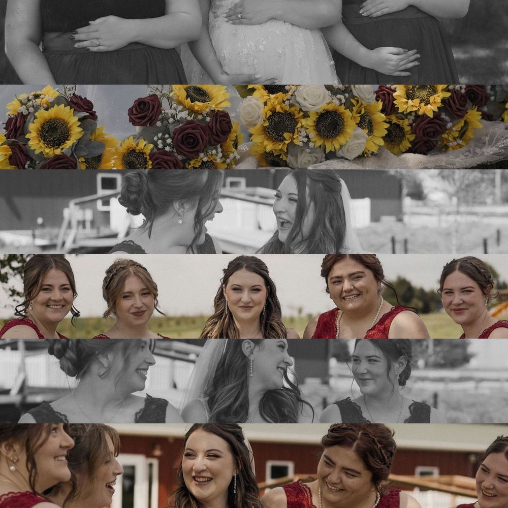Collage of color and black and white candid moments featuring sunflowers and celebratory gatherings.
