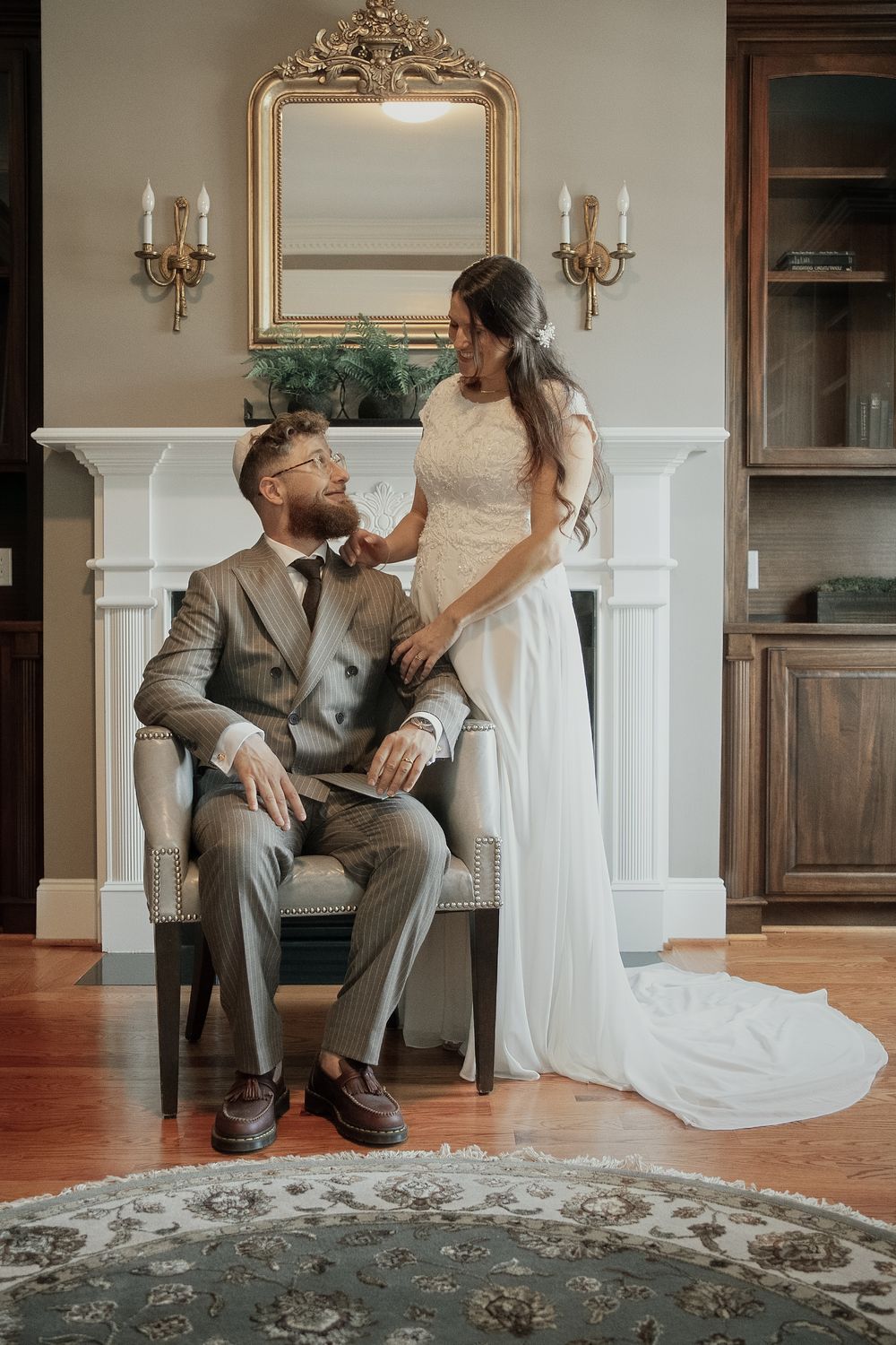 Three consecutive wedding photos show tender moments between bride in white gown and groom in gray suit in elegant interior.