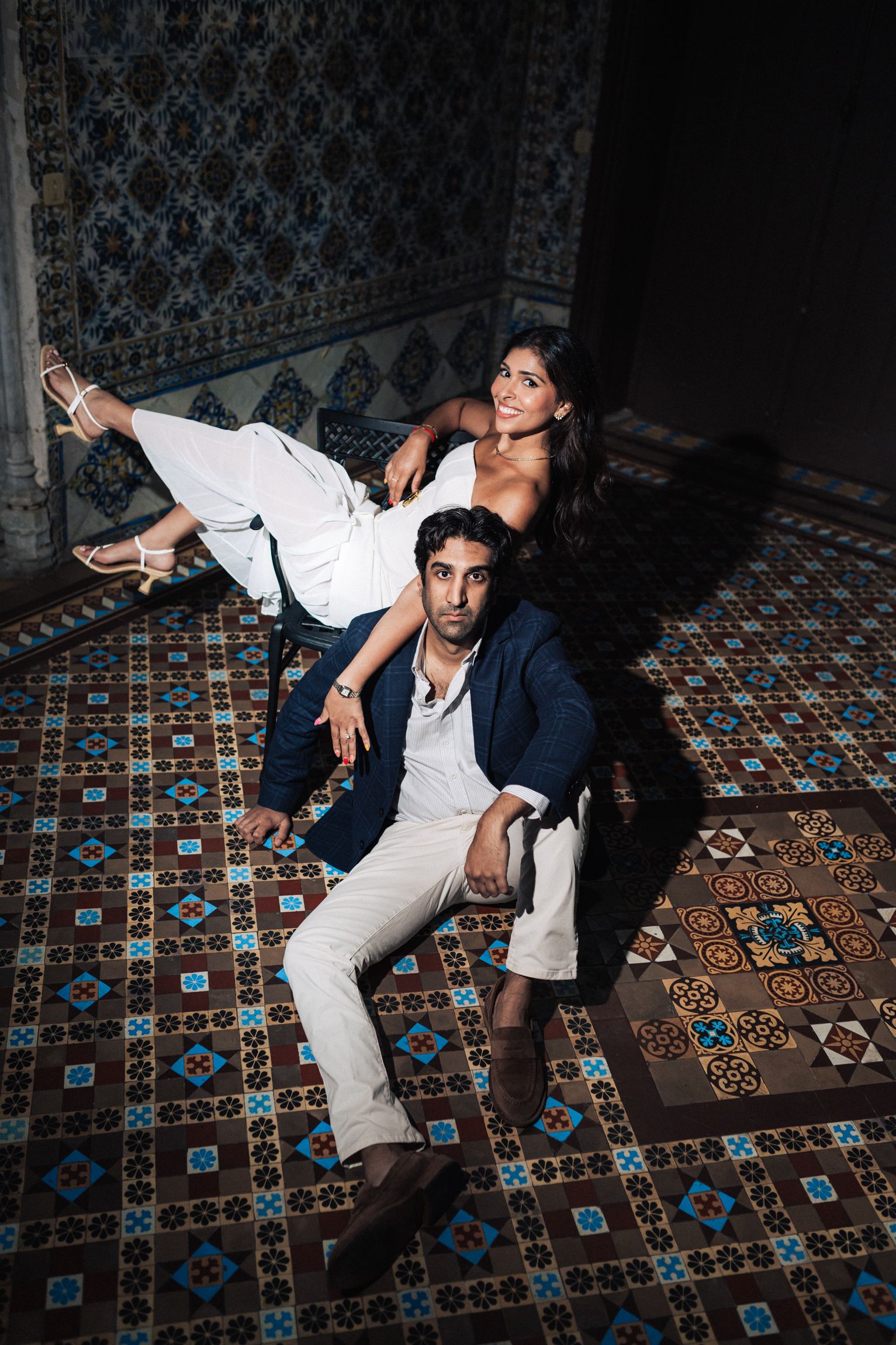 Romantic engagement photo-shoot in Sintra, Portugal, with an Indian couple exploring Penha Longa. By a destination wedding Photographer