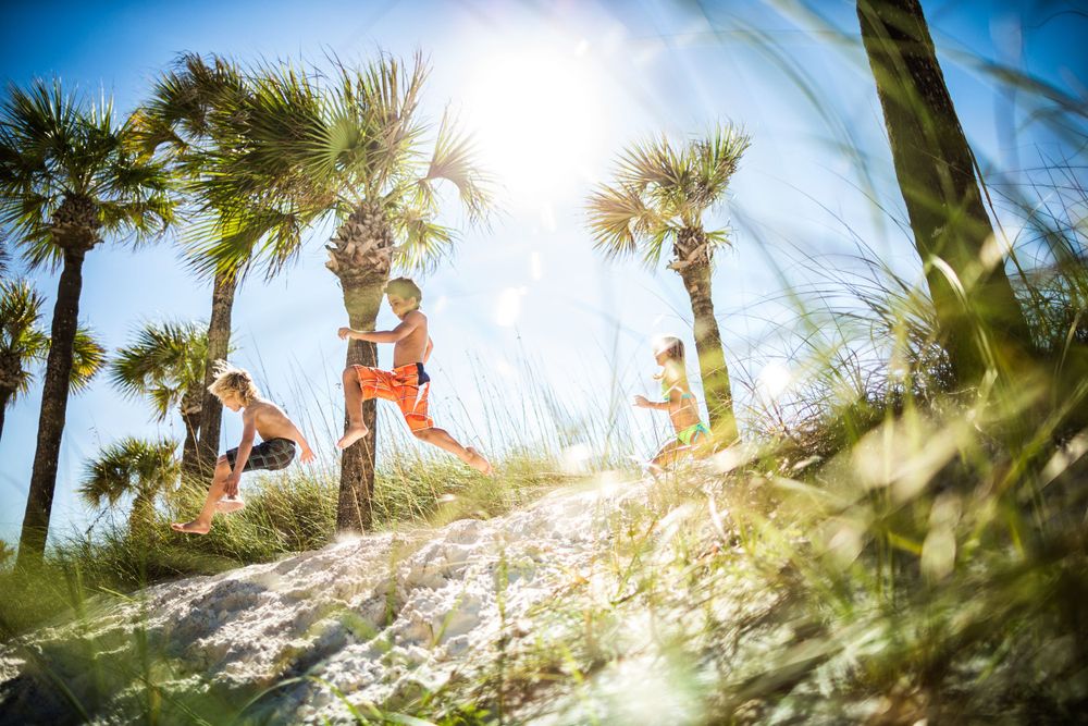 Energetic runners jumping between tall palm trees on a sunny beach path.