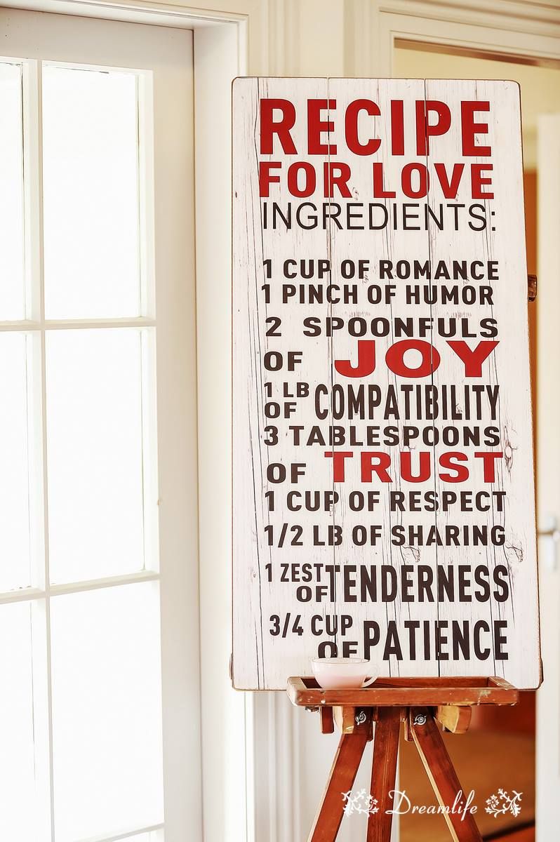 Three vintage-style wall art pieces displaying a recipe for love with ingredients like romance, humor, trust and patience.