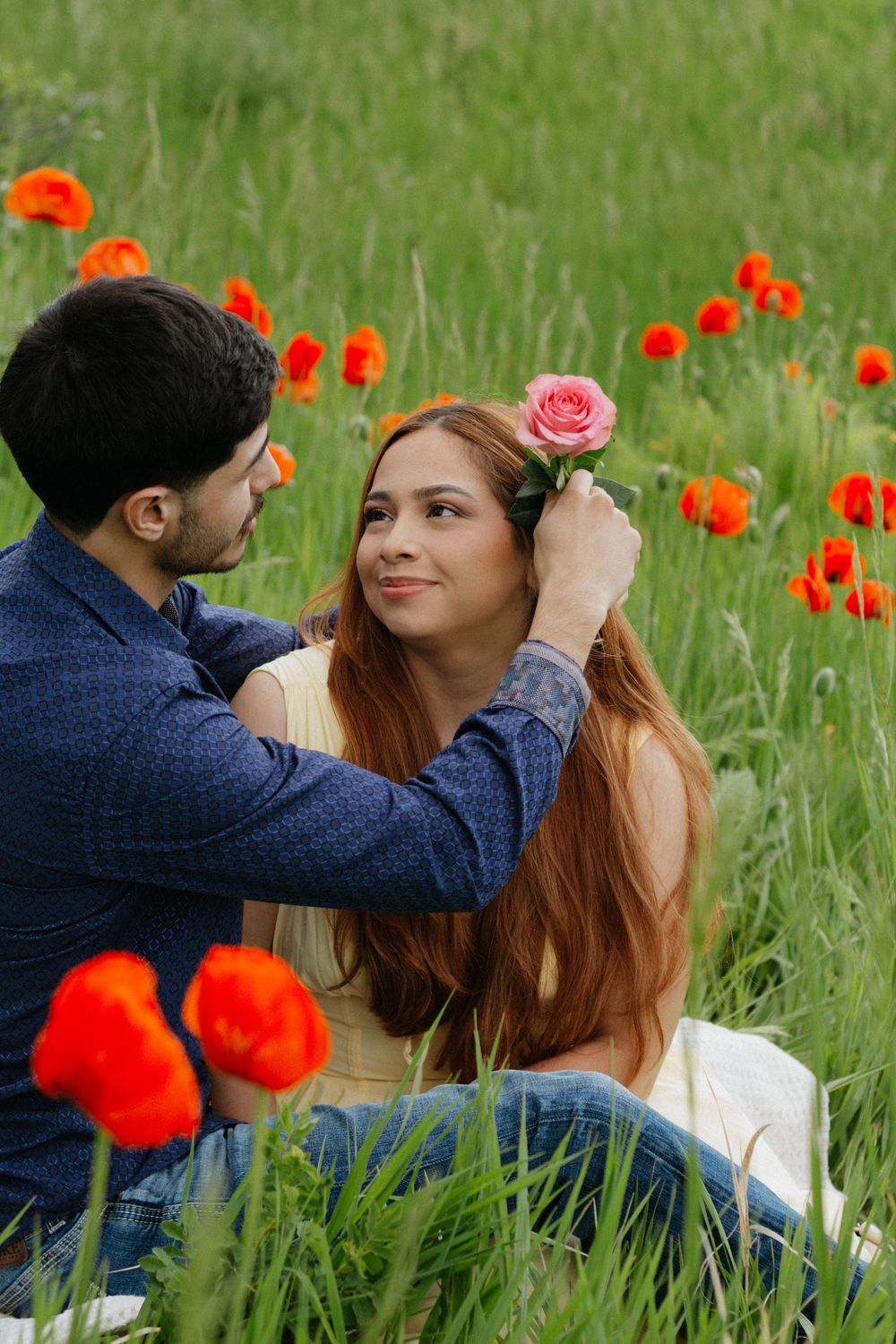 A couple shares a moment in a field of vibrant red poppies as he places a pink rose in her hair. Bloom in Boulder Colorado, engagement.