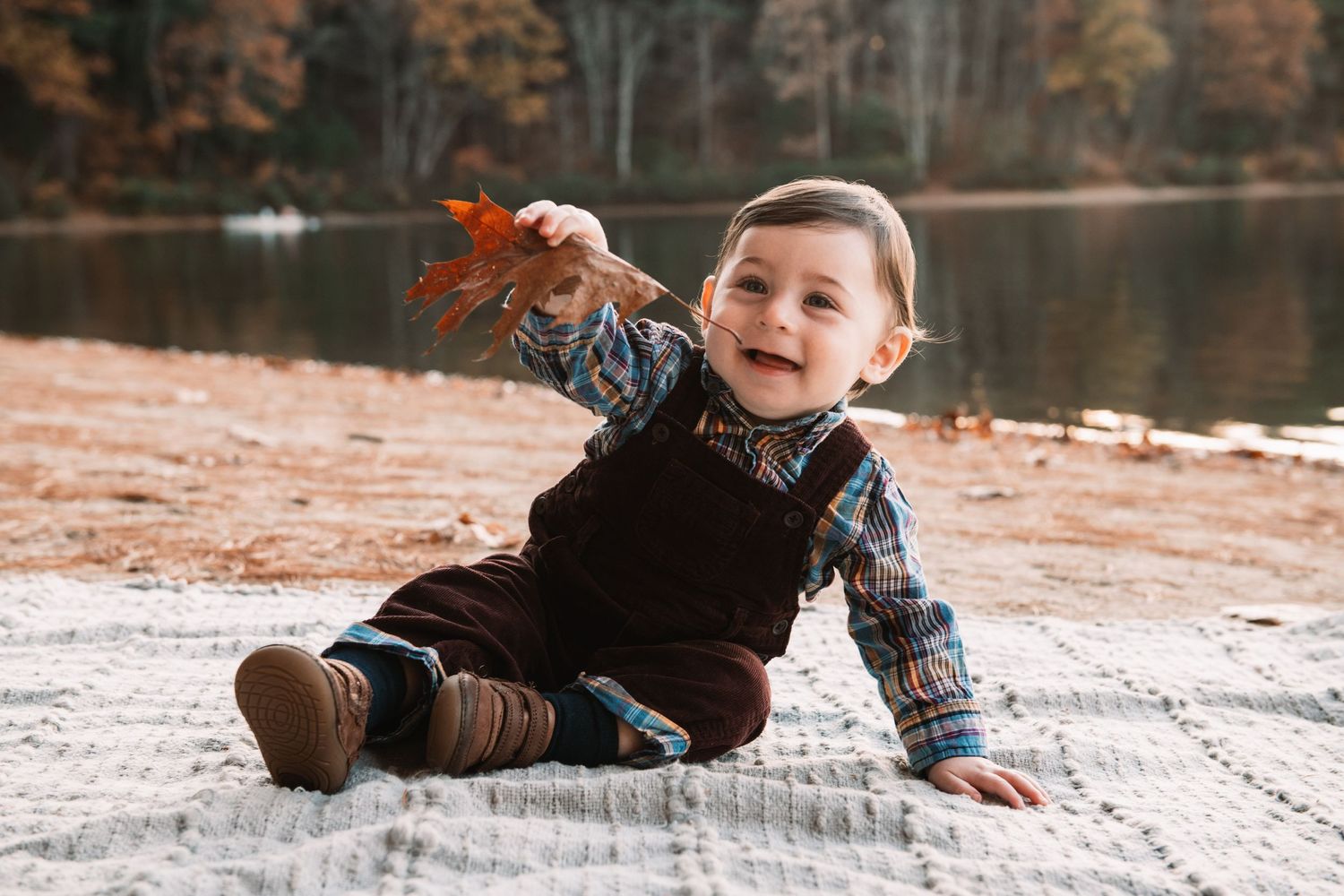 A child sits on a blanket by a lake throwing autumn leaves in the air.