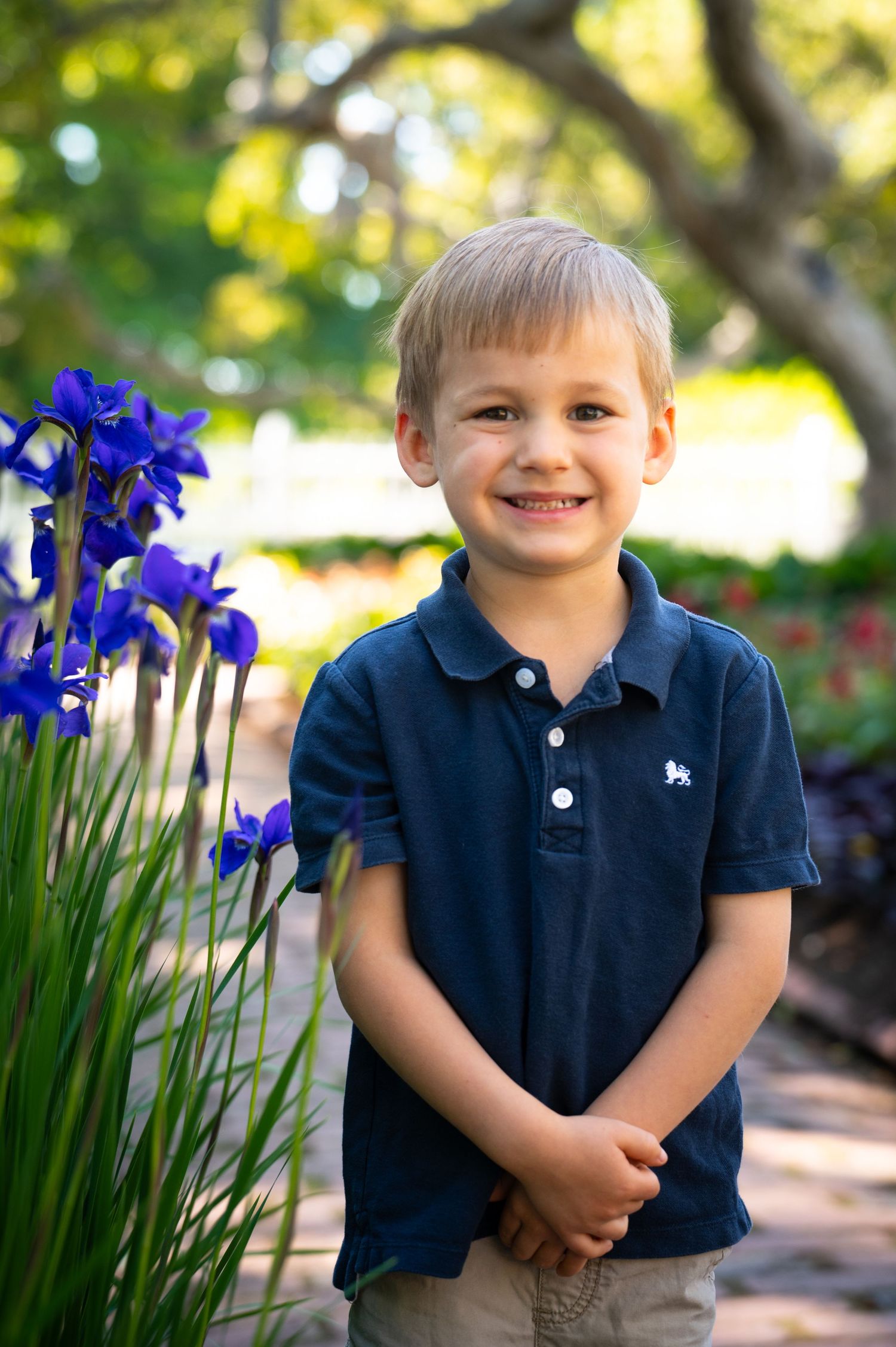 A child in a navy polo shirt stands smiling next to purple iris flowers in a garden. New Hampshire Family Photography Serving New England