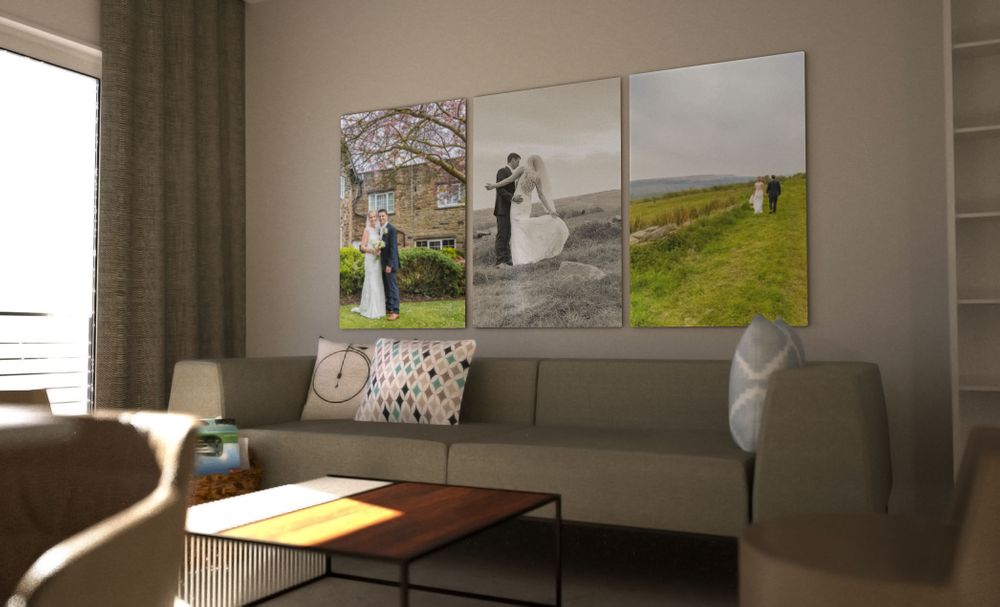 2 large canvas prints wall mounted in a living room setting by graphistudio