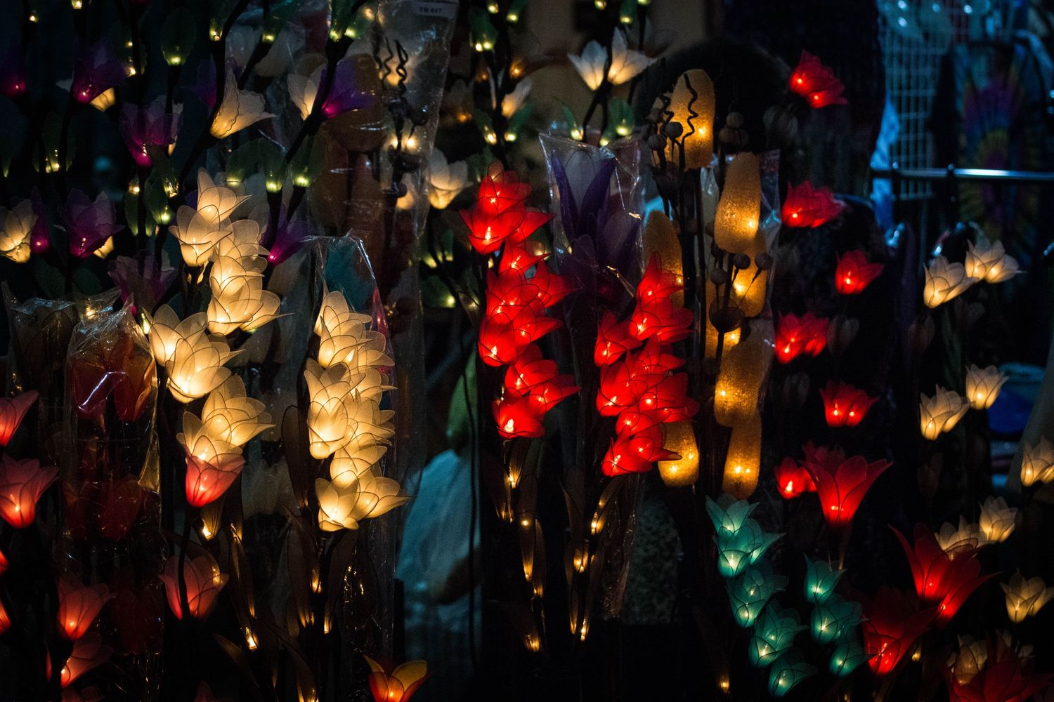 Colourful lights hanging in Chiang Mai market