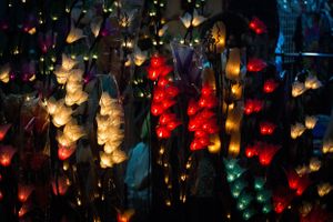 Colourful lights hanging in Chiang Mai market
