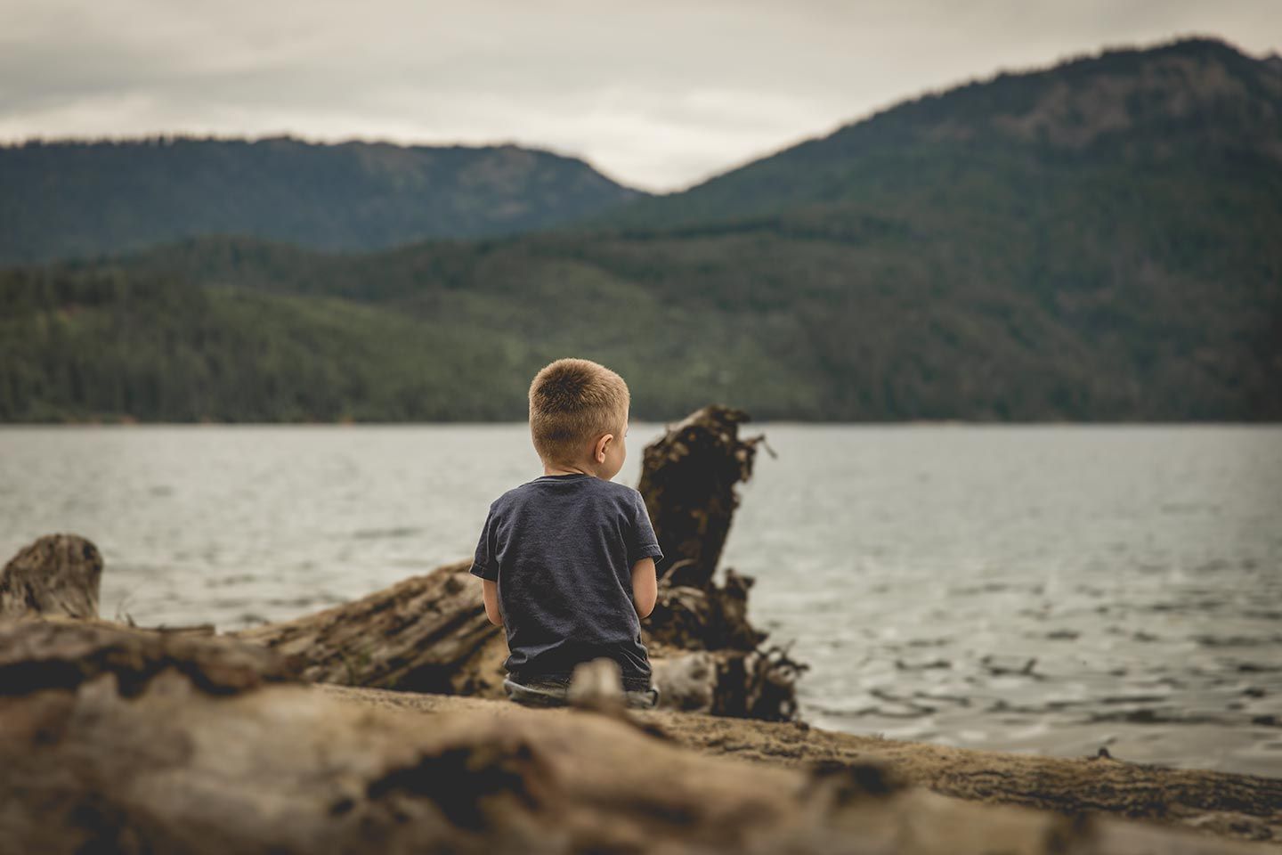 boy sitting on log by lake