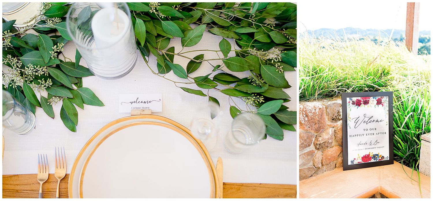 gold and white plates set up with eucalyptus for outdoor wedding at Pennyroyal Farm