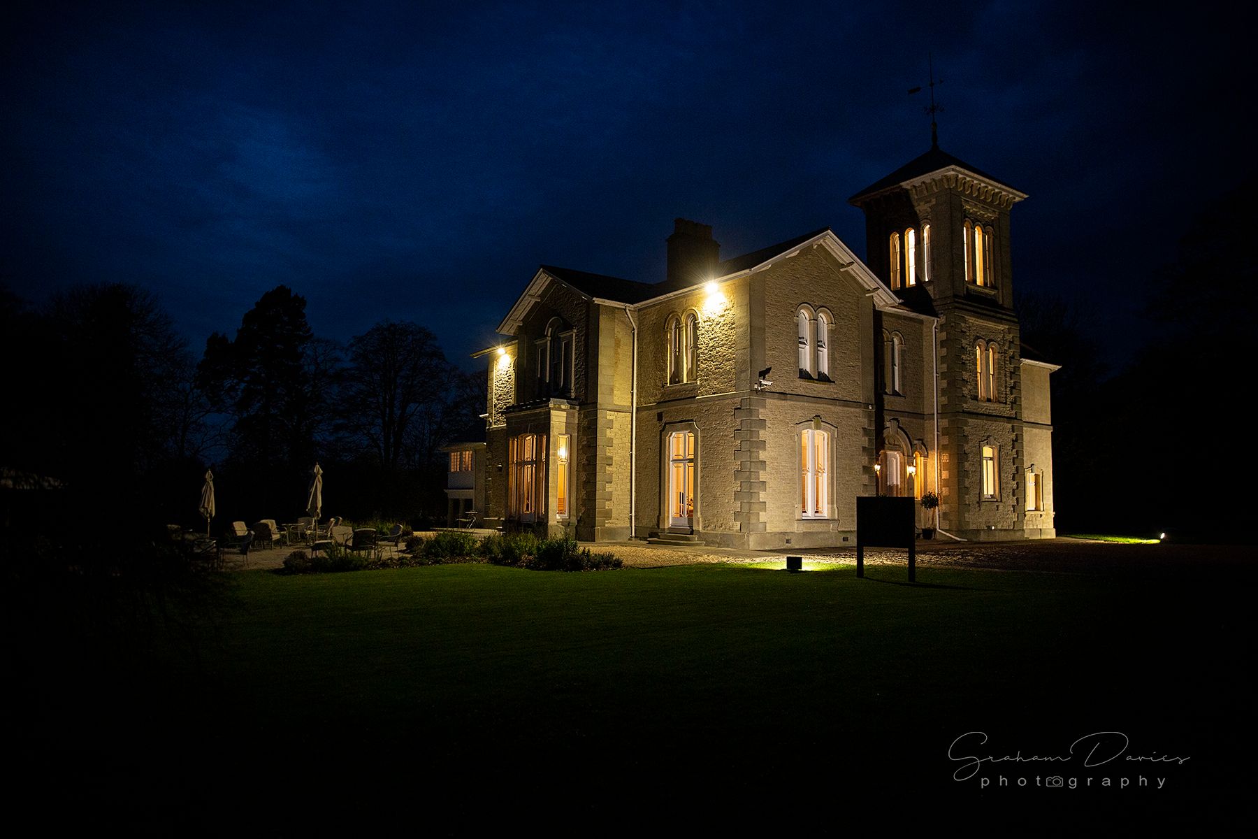 beautiful St Tewdrics House at night under the floodlights