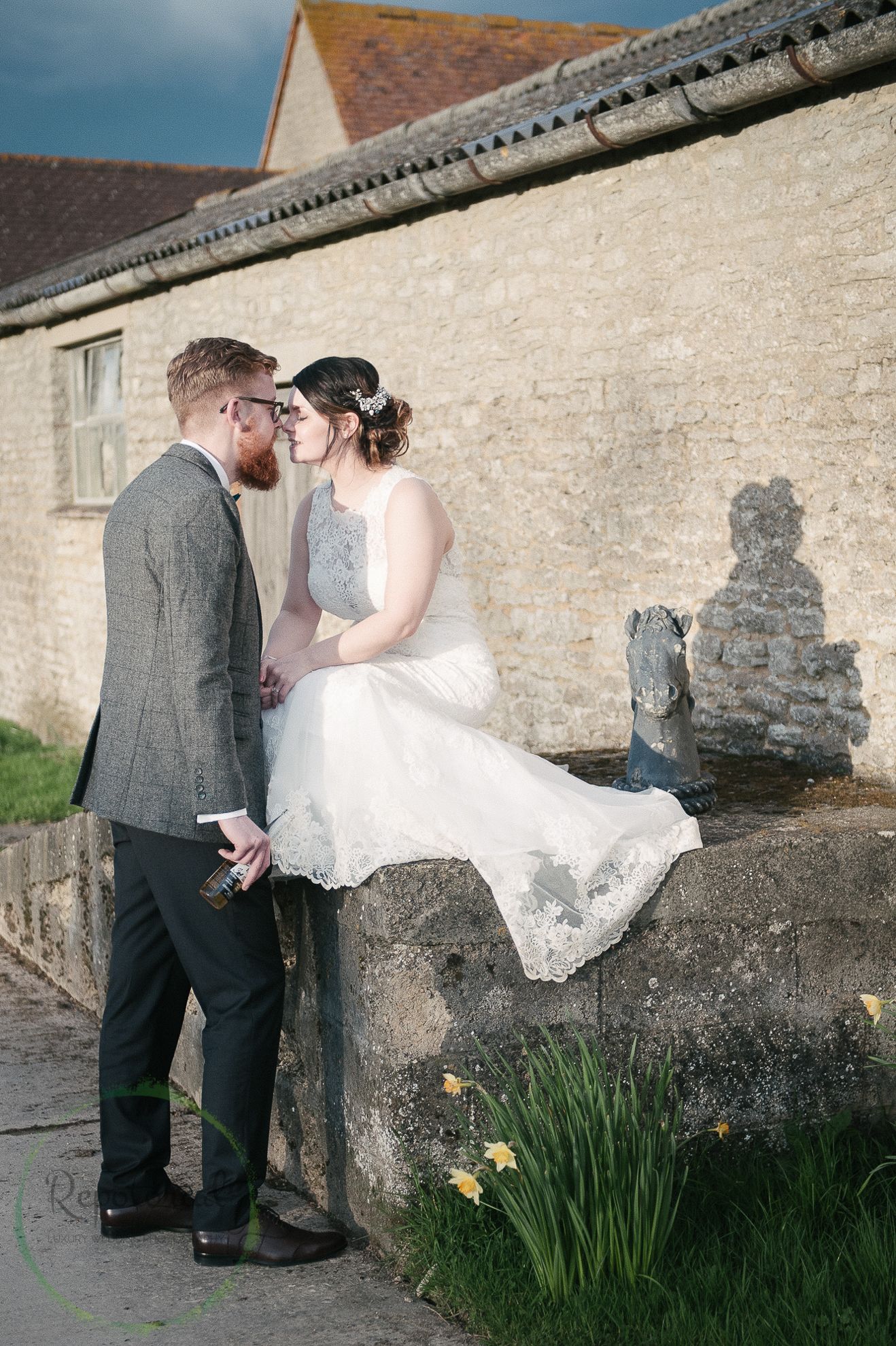 Wedding editorial portrait of bride and groom taken in the same location as a pre shoot portrait