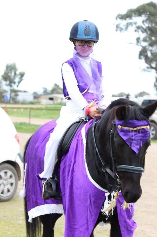 An equestrian in purple and white riding attire atop a black horse with matching purple decorative tack.