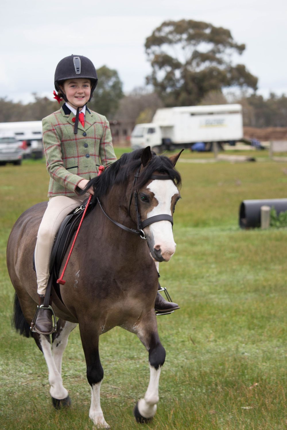 A rider in tweed jacket aboard a brown and white pinto horse in a grassy field.