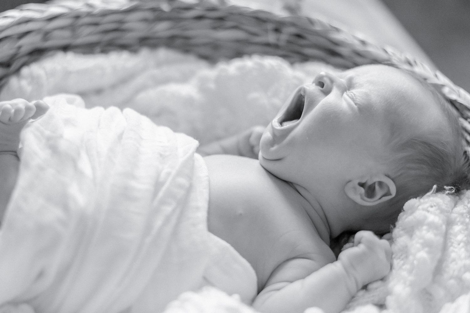 Black and white image of a newborn baby in a wicker basket yawns