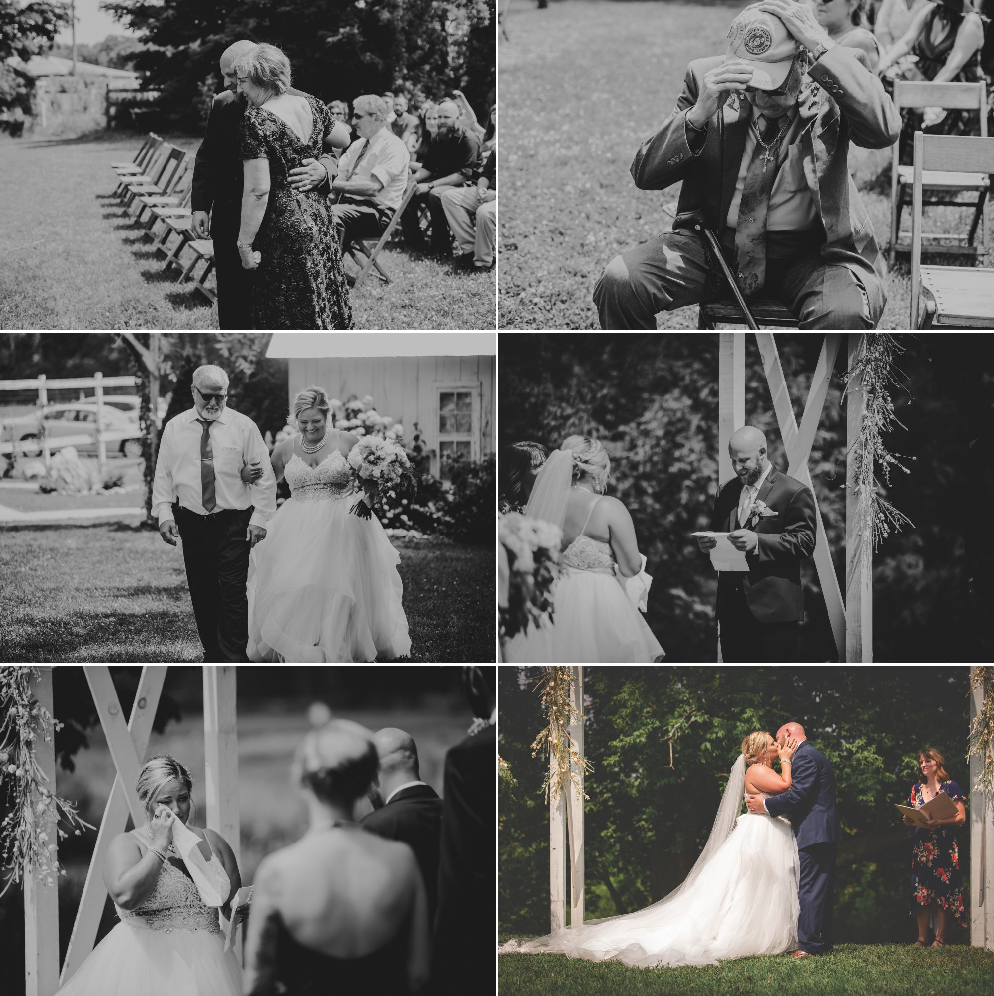 A collage of the ceremony: groom hugging mom, grandpa adjusting hat, bride walking with dad, vow reading, bride crying.