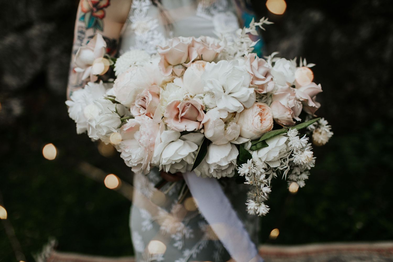 white and pink peonies wedding bouquet