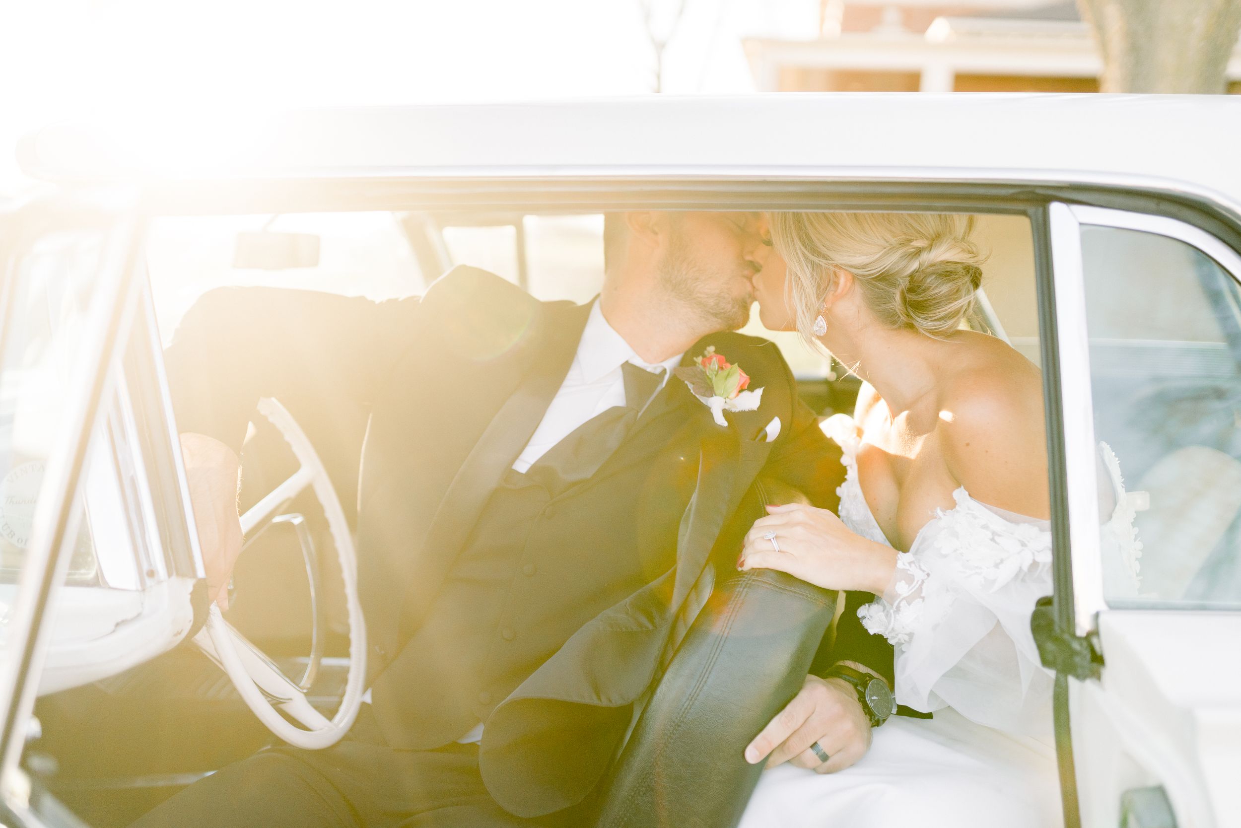 Light and airy Elopement wedding with vintage car at 1868 Farmhouse Wedding in Boone, Iowa with Modern Dress bridal gown
