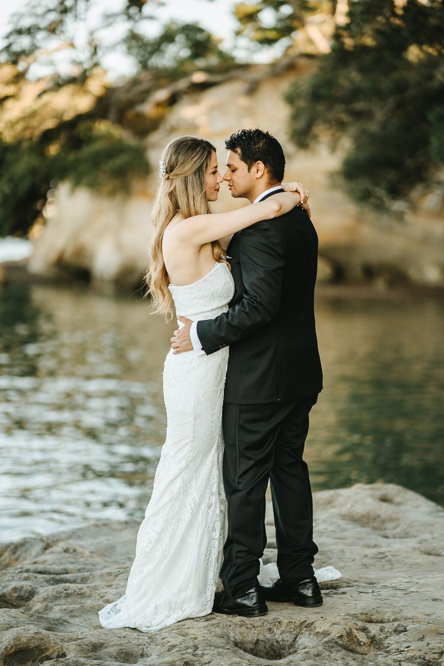 Bride and Groom at Point Chevalier beach, Auckland sunset time