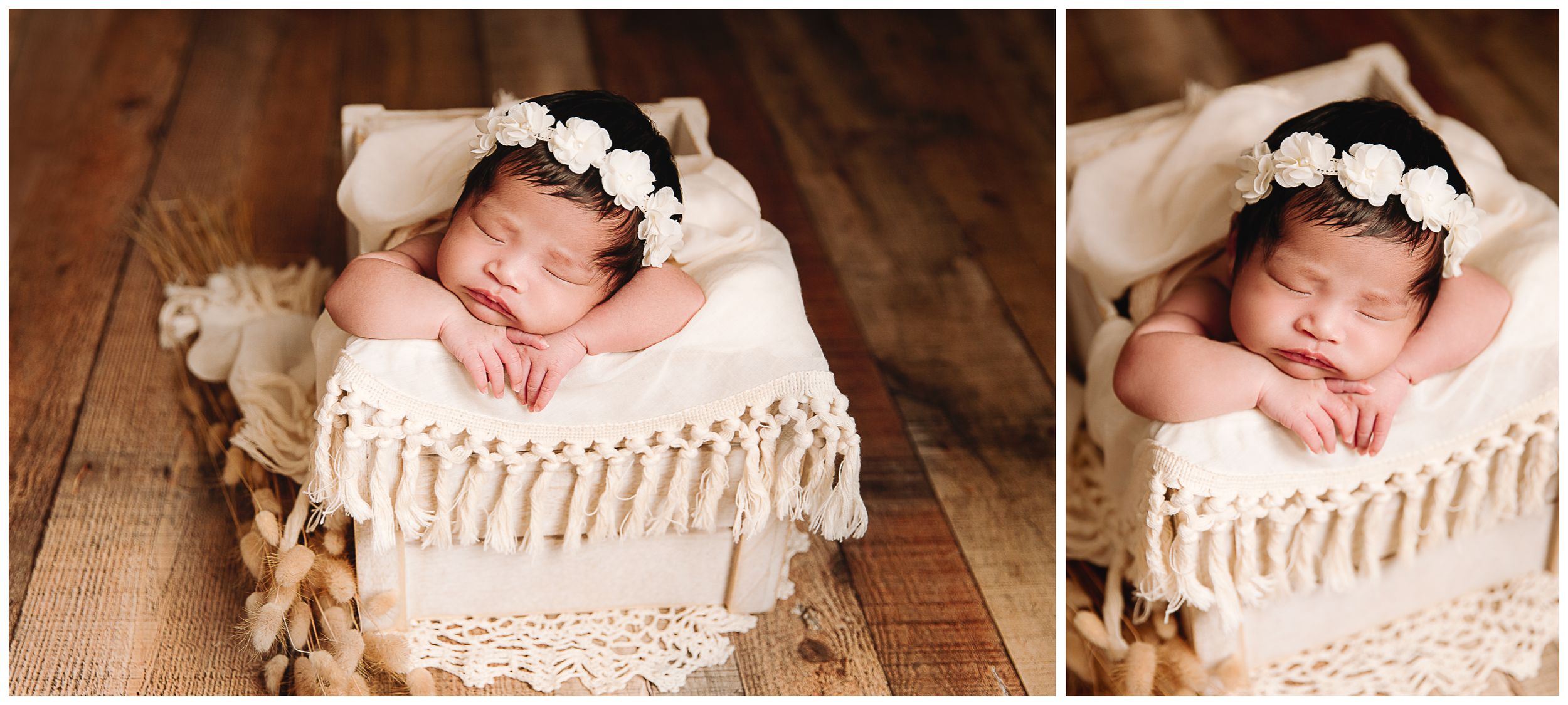 newborn in boho styled prop with lace fringe and dried fox tail plants