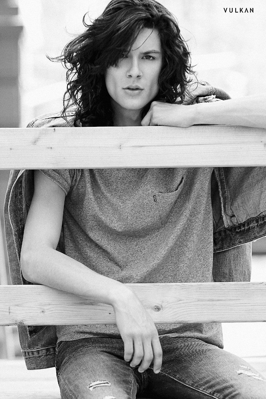 Model Ty Samatowic long dark hair Levi's Trucker Jacket Wilhelmina Models Levi's Denim Editorial Vulkan Magazine