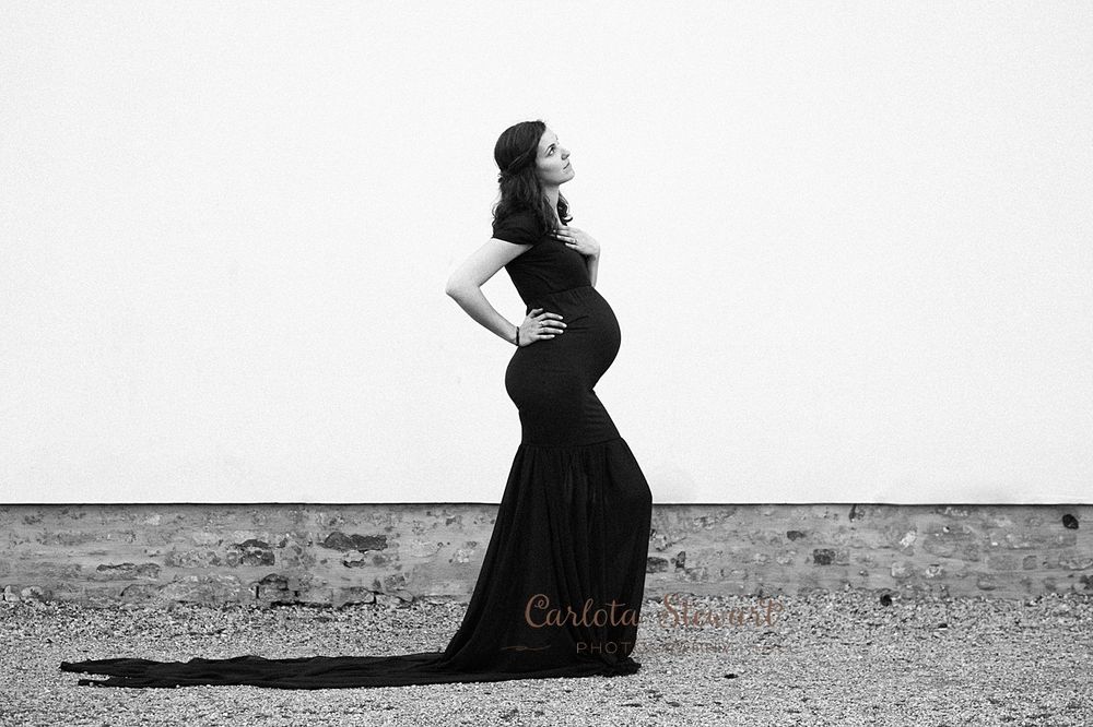 Pregnant woman posing for photo in long dress in Vienna