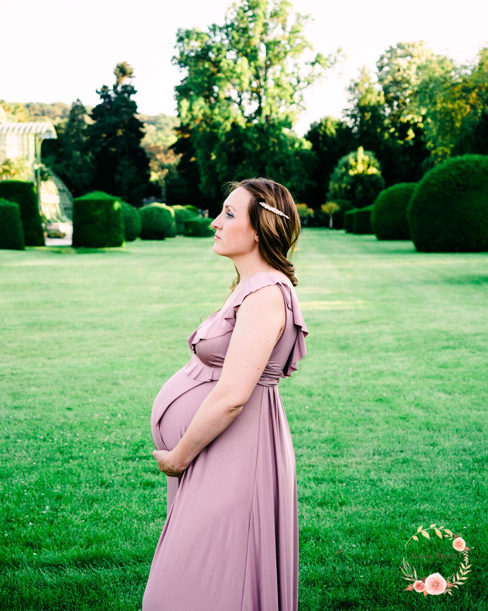 Expectant mother looking at the horizon wearing a pink dress at the Schönbrunn gardens in Vienna, Austria