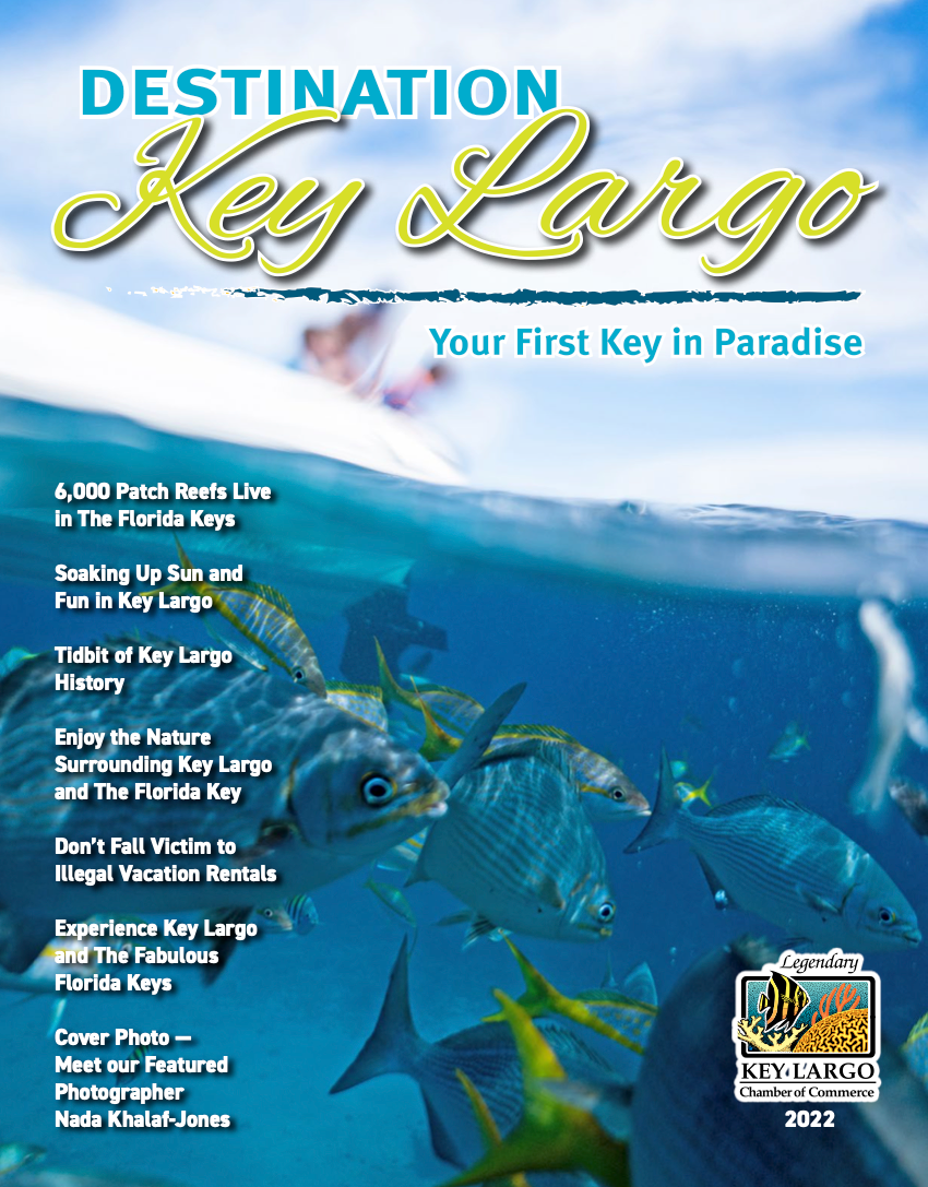Promotional tourism banner for Key Largo Florida showing tropical fish swimming in clear blue waters.