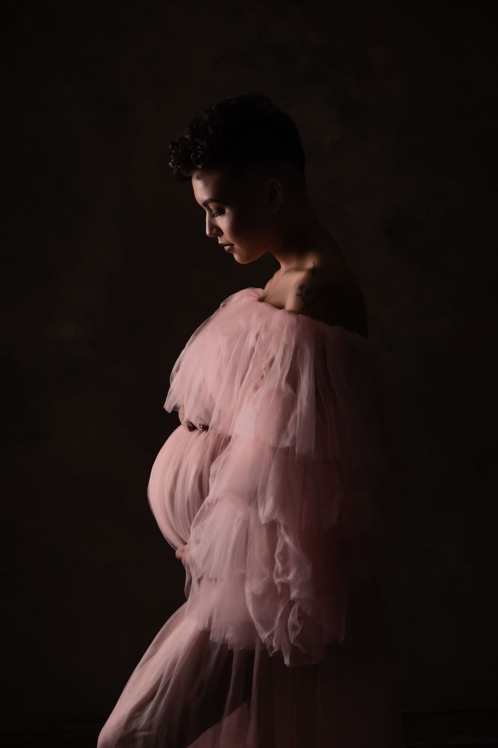 High Contrast maternity portrait in a Mama Belly Gown