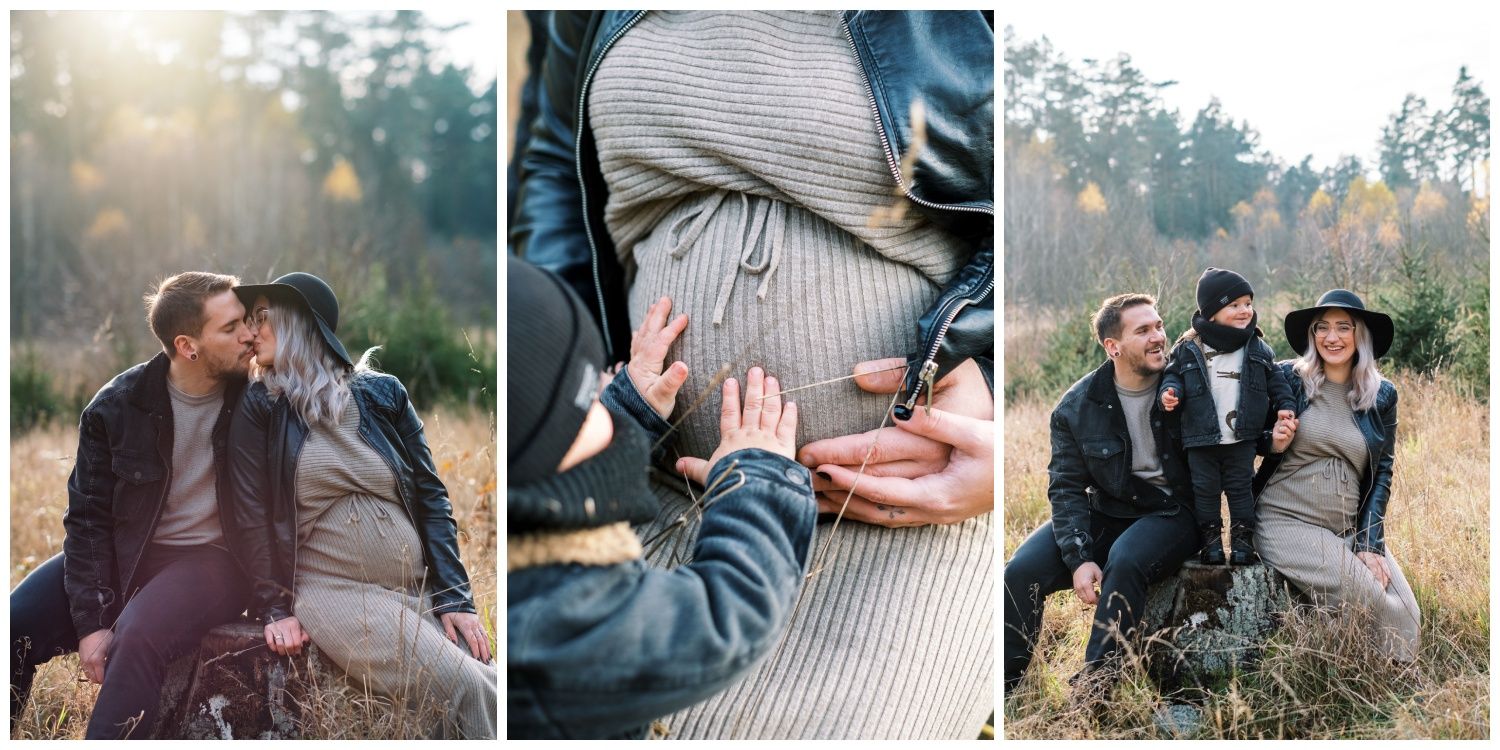 Intime und natürliche Schwangerschafts-Familienfotos mit dem großen Bruder und Papa im Feld