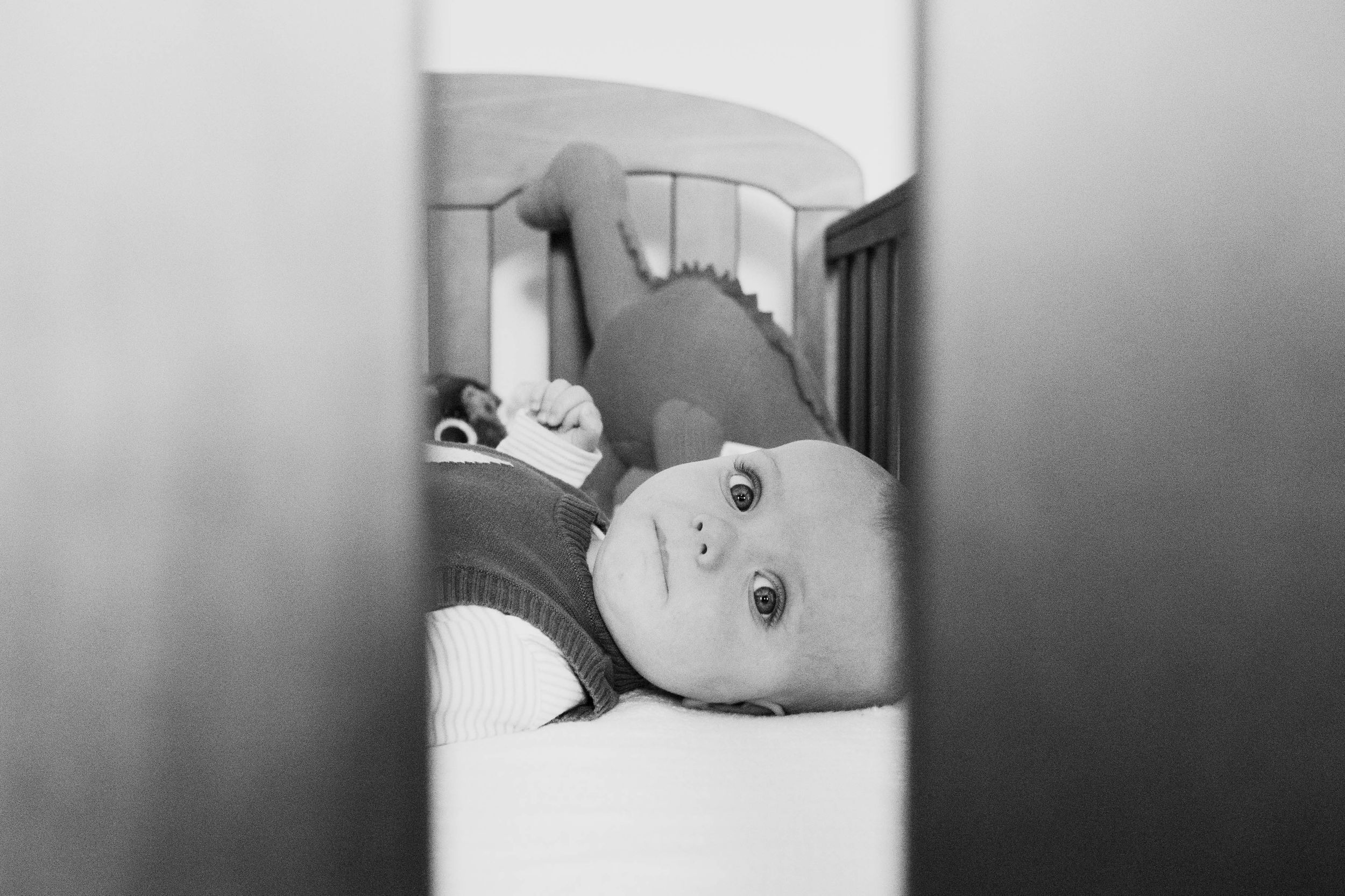 baby boy looking through cot bed slats