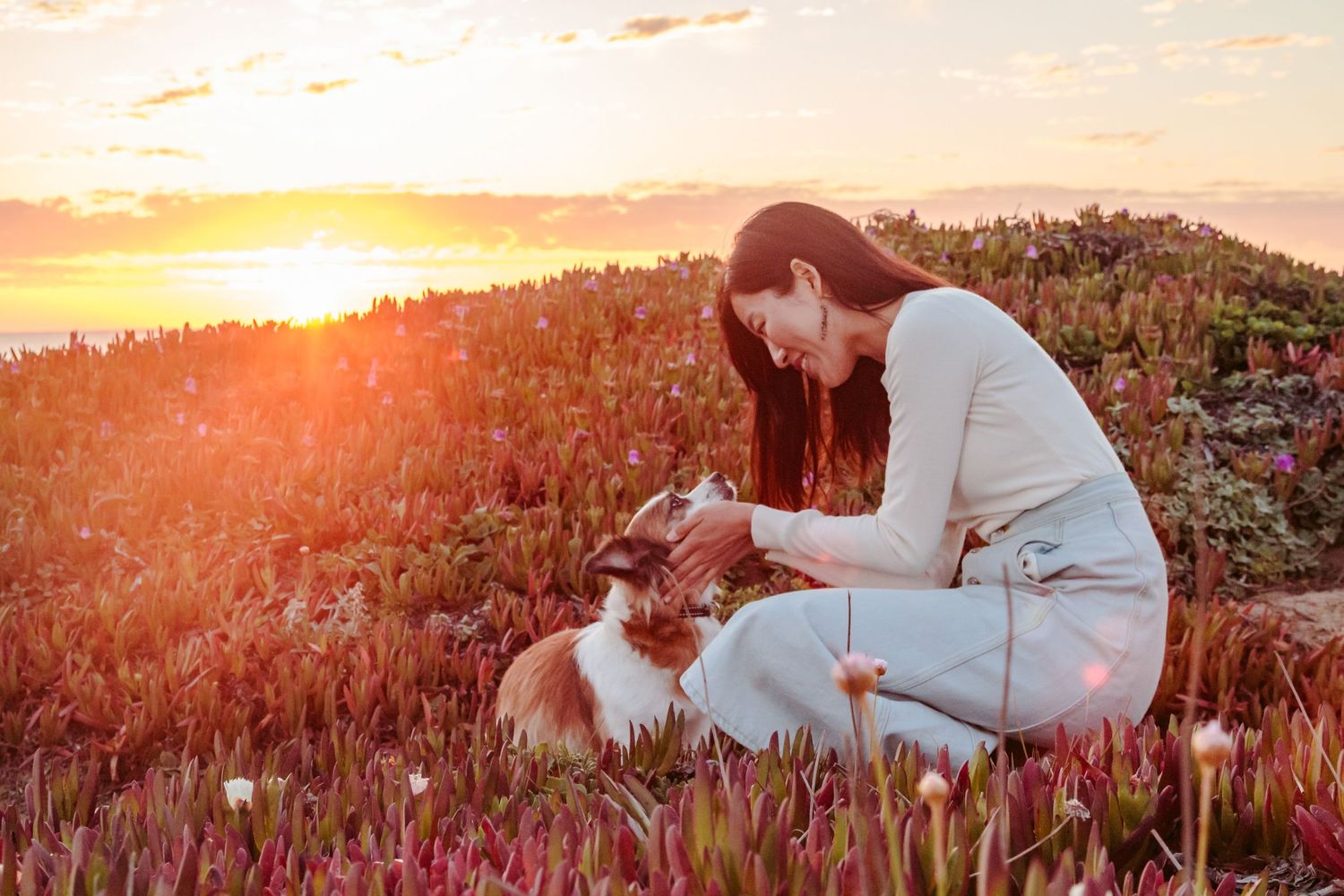Woman and her dog staring at each other on a sea cliff.
