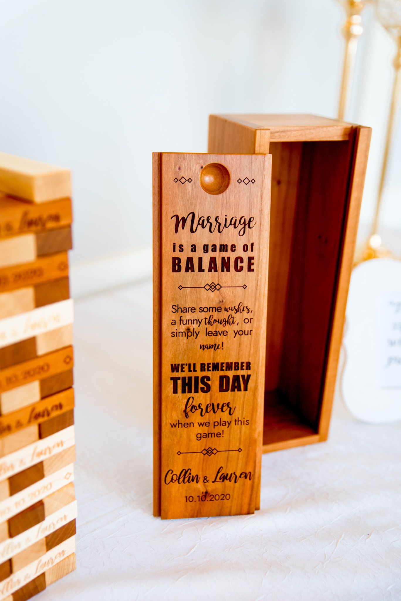 marriage is a game of balance wooden engraved jenga game for autumn chicago wedding