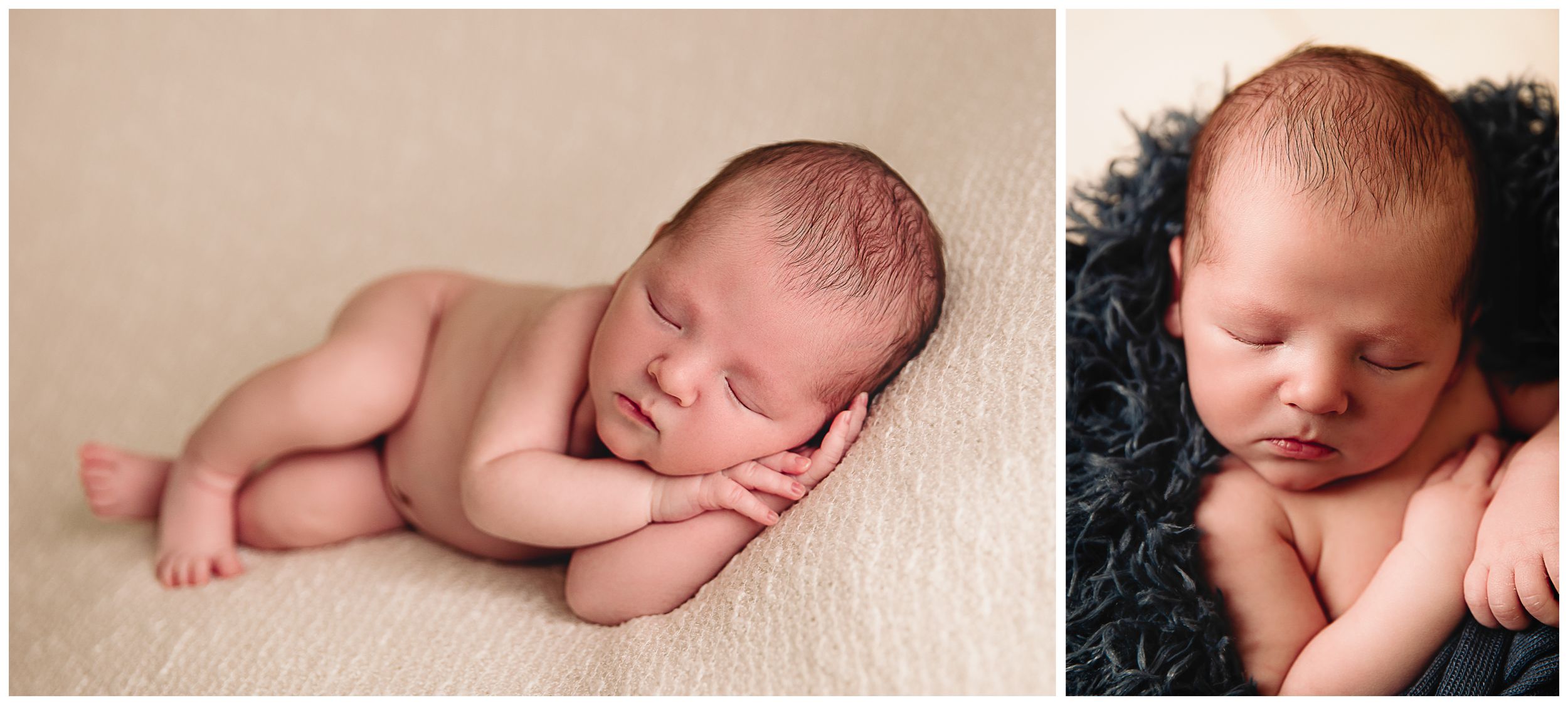 collage of baby sleeping close up in basket and laying on white blanket