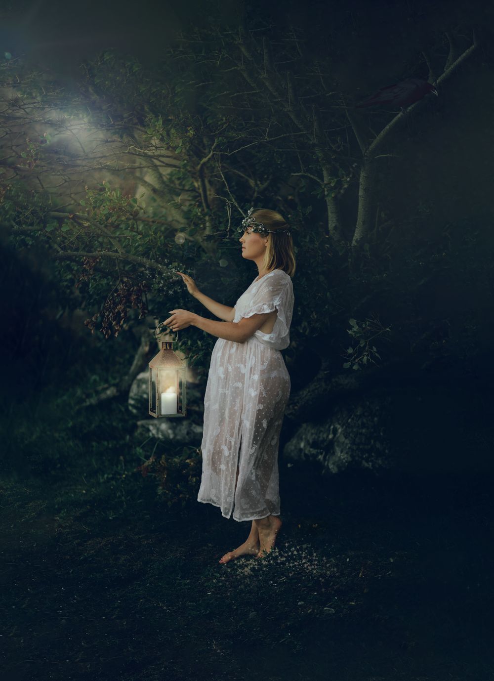 Ethereal scene of woman in white dress holding lantern in mystical nighttime garden.