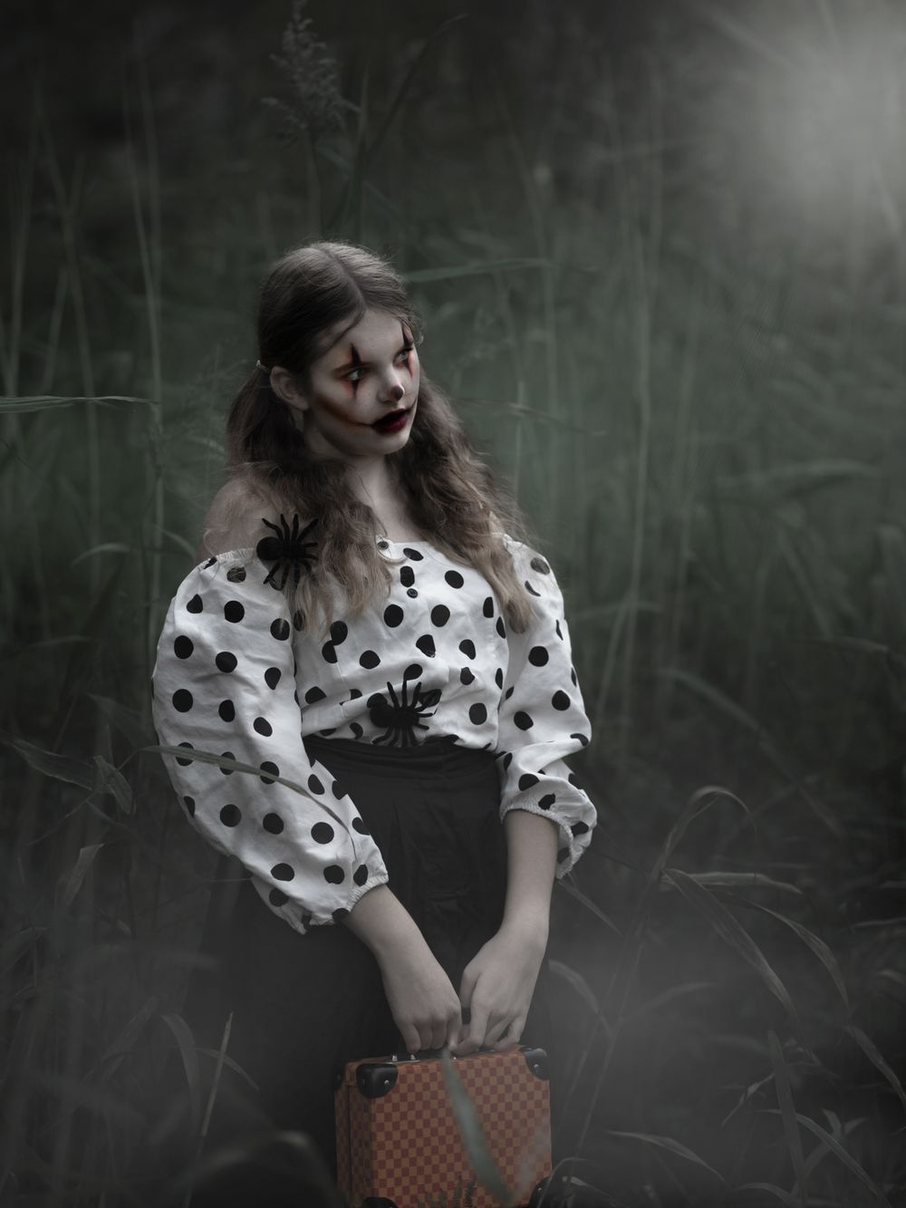 Moody portrait in polka dot dress holding vintage suitcase in misty forest setting.