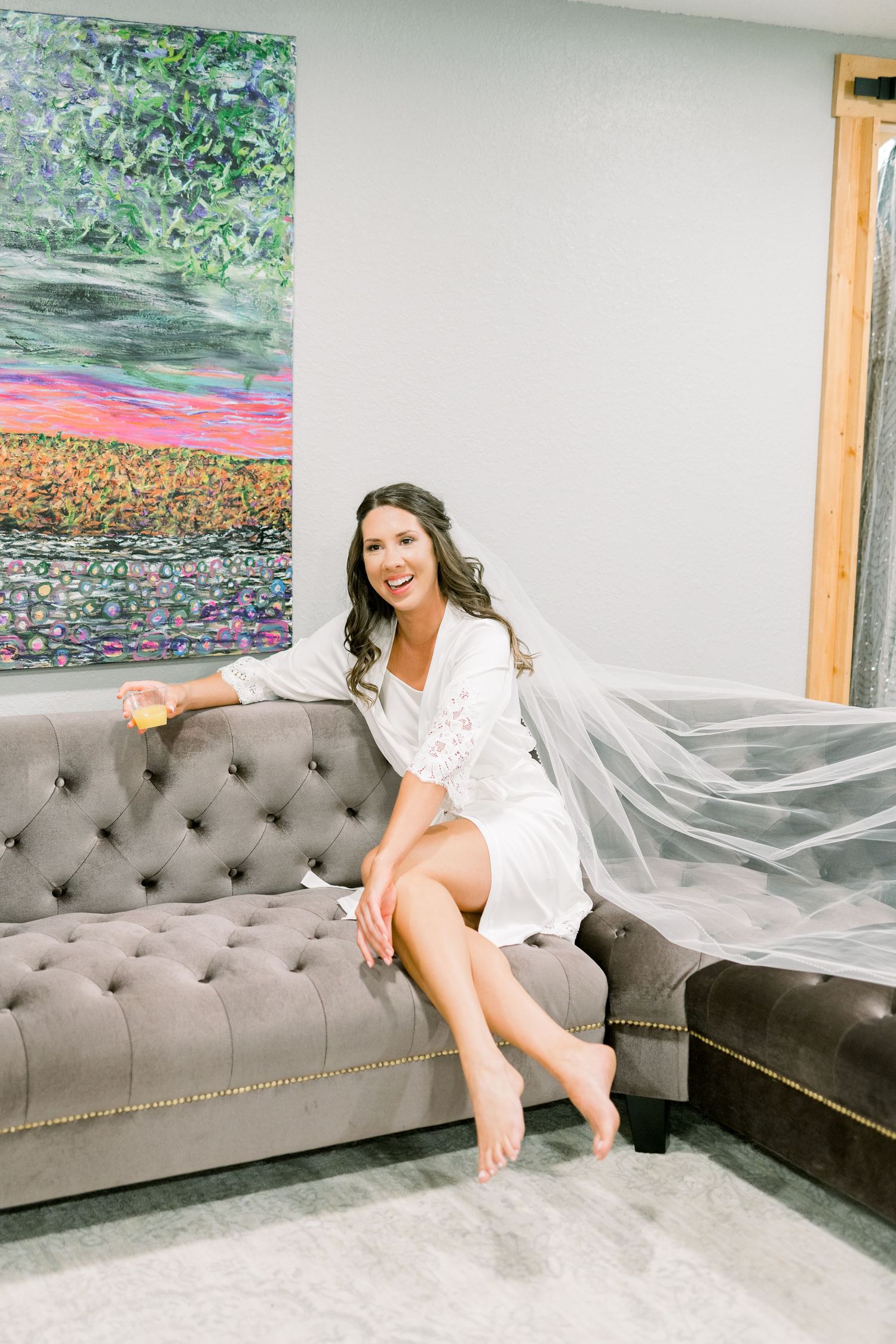 Getting ready robe photos in Ames, Iowa Vineyard Winery Wedding at Prairie Moon Winery