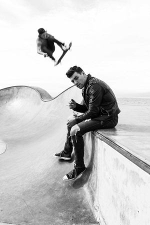 Actor Christian James Diesel Leather Biker Jacket Converse Venice Skate Park California James Dean Tom Ryen Skate Board