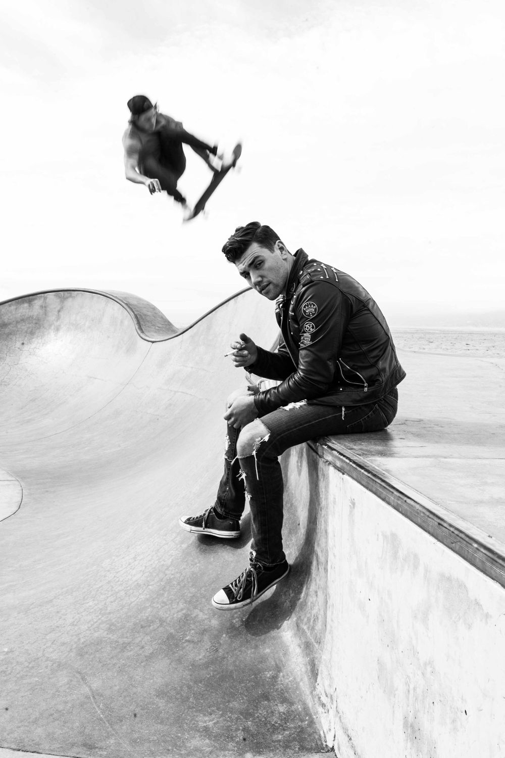 Actor Christian James Diesel Leather Biker Jacket Converse Venice Skate Park California James Dean Tom Ryen Skate Board