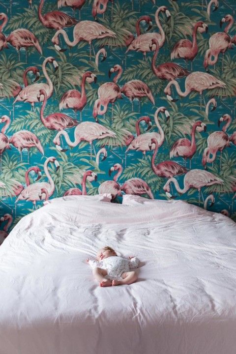 Baby op bed in kamer met flamingo behang