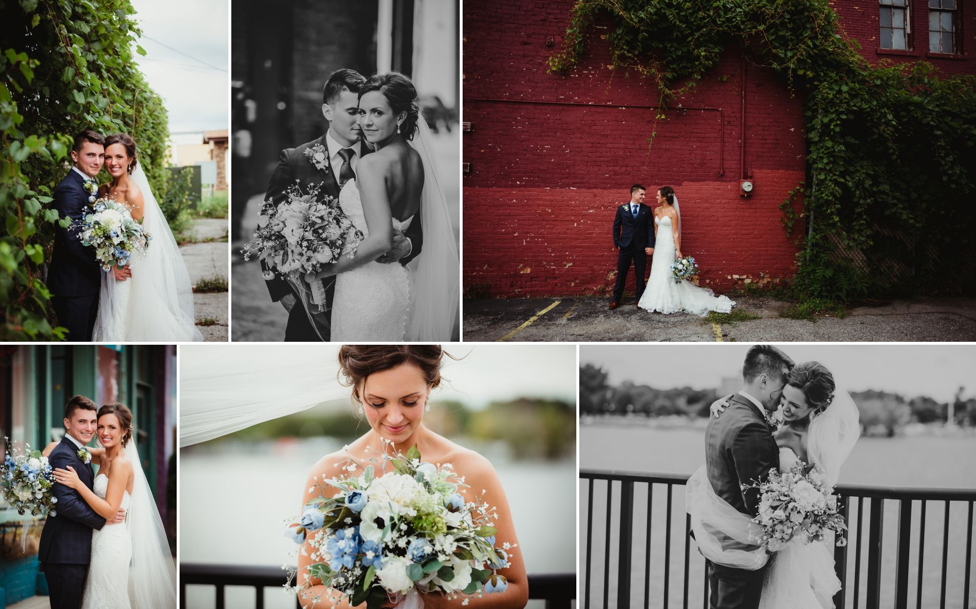 Bride and groom pose downtown near vines, red brick, and a bay.