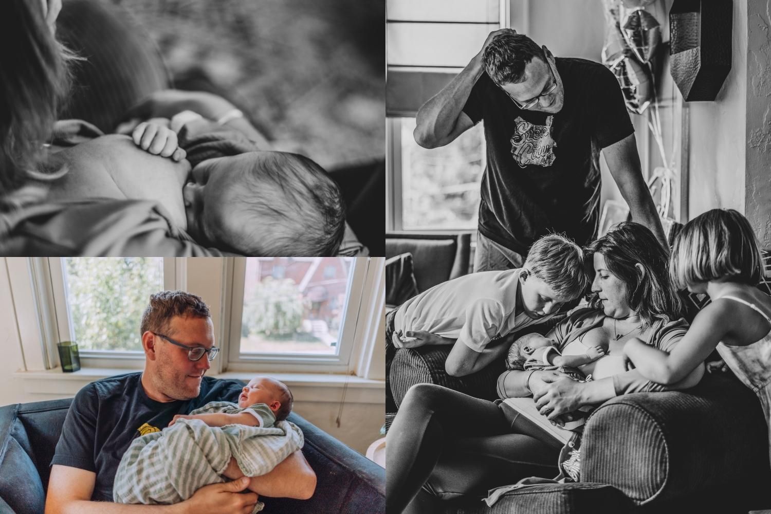 collage of breastfeeding newborn, dad holding newborn, family of five with three young kids