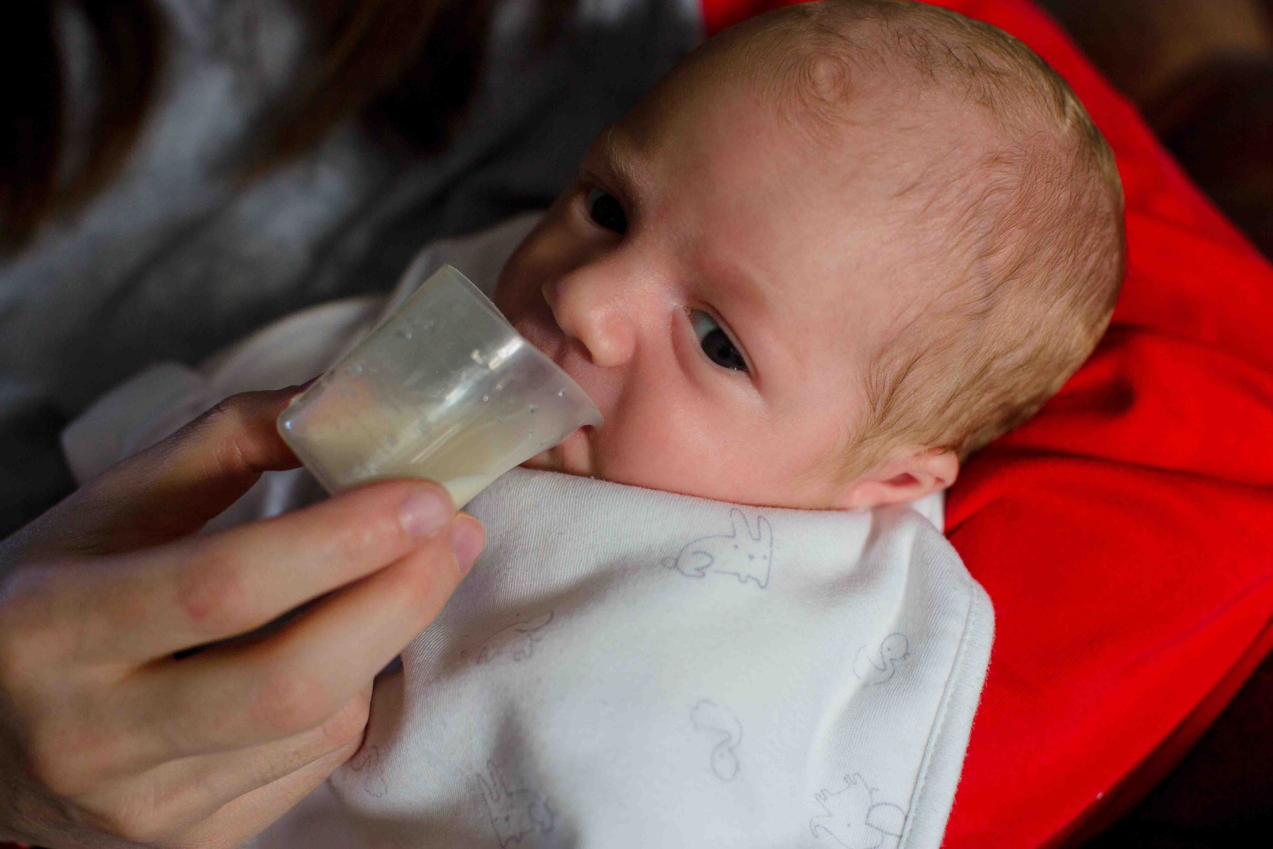 Breastfeeding giving expressed milk by cup to preemie