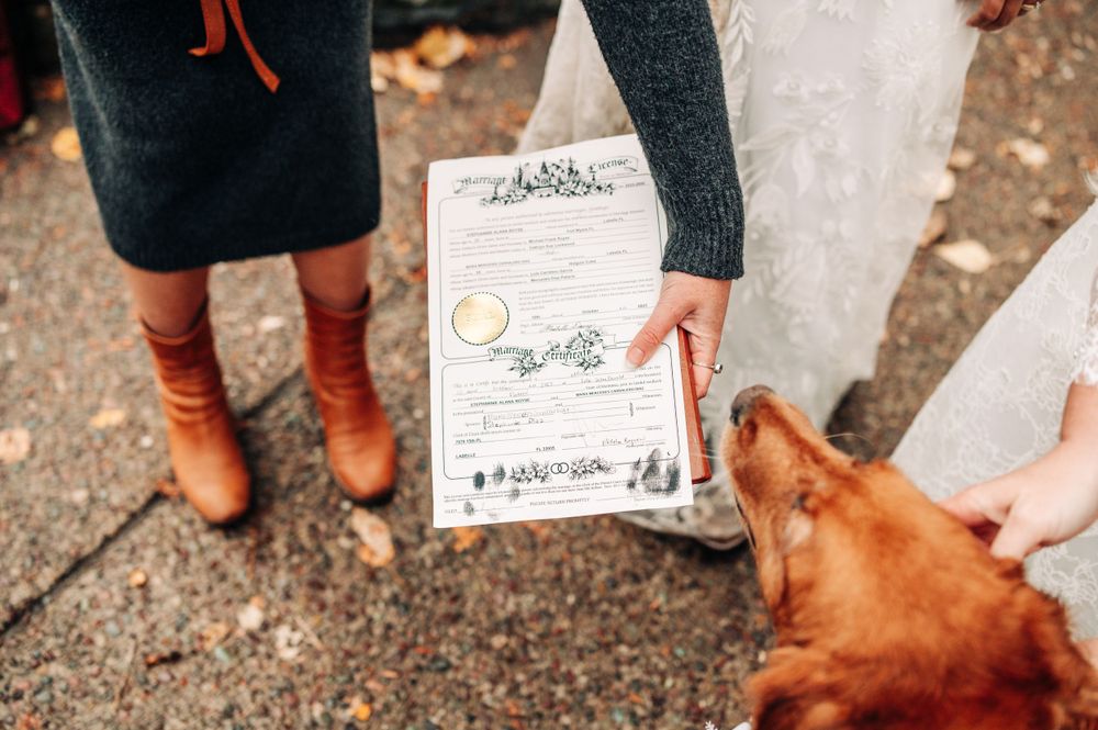 couples marriage license with their dogs paw print as a witness