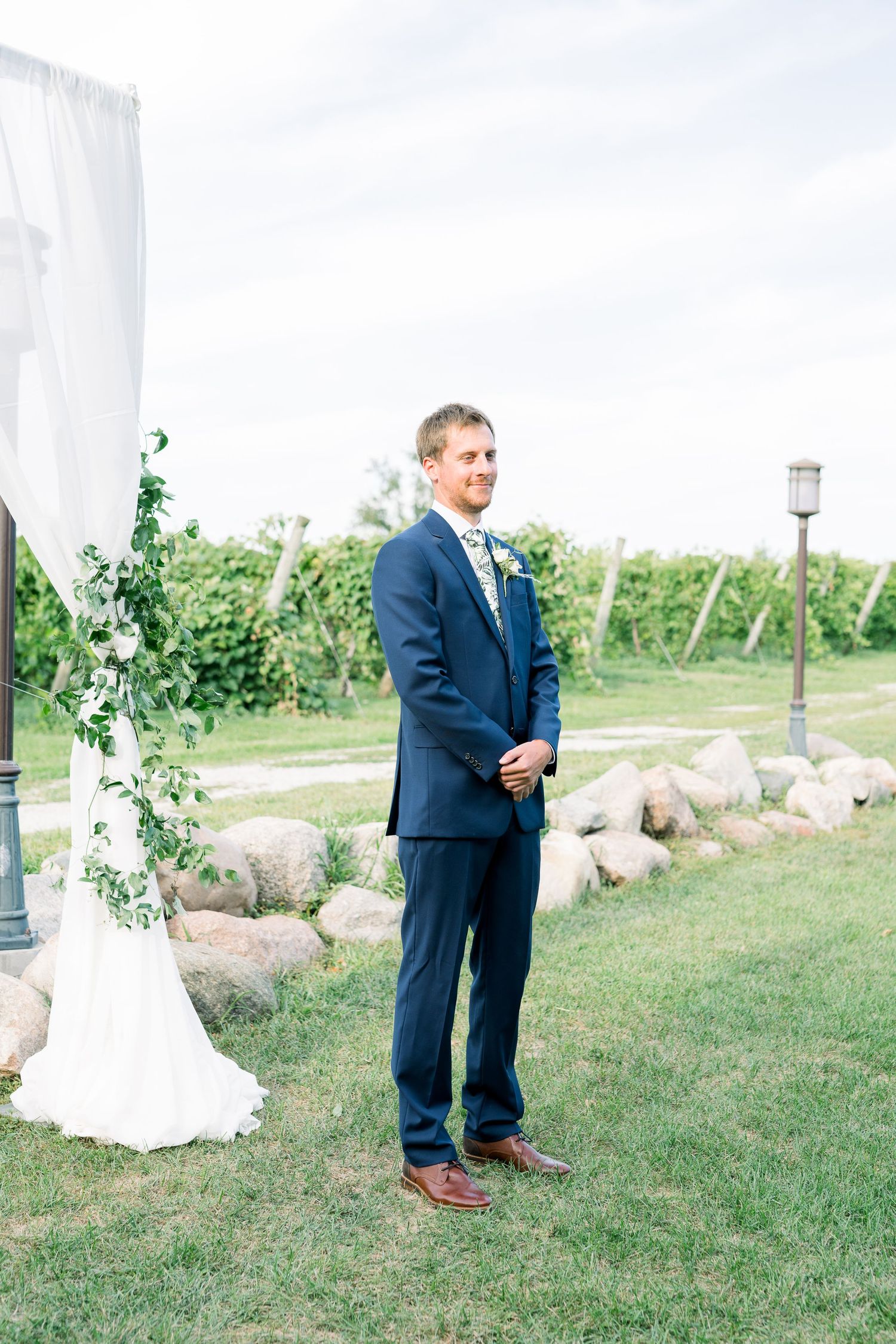 Vineyard photos with white willow events at Prairie Moon Winery wedding in Ames, Iowa