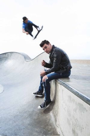 Actor Christian James Diesel Leather Biker Jacket Converse Venice Skate Park California James Dean Tom Ryen Skate Board
