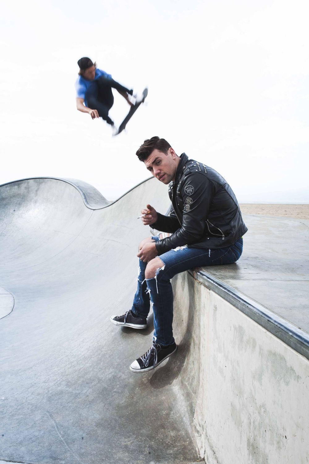 Actor Christian James Diesel Leather Biker Jacket Converse Venice Skate Park California James Dean Tom Ryen Skate Board