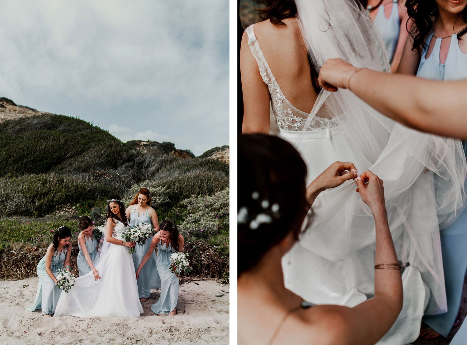 bridesmaids in blue dress helping bustle wedding dress on beach
